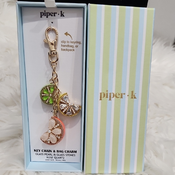 🔹Piper K🔹️ Rose Quartz  Lime Lemon Key Chain & Bag Charm Glass Pearl  Stones - Picture 6 of 6